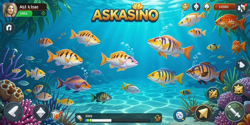 Screenshot gameplay seru dari ASKASINO yang menampilkan aksi tembak ikan.