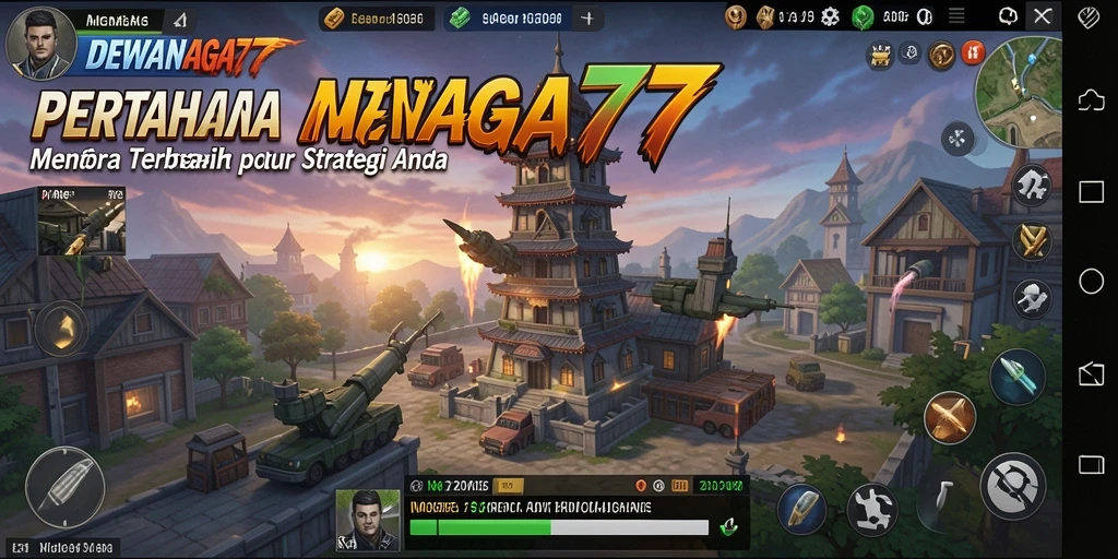 Gambar gameplay DEWANAGA77 menampilkan strategi menara yang epik.