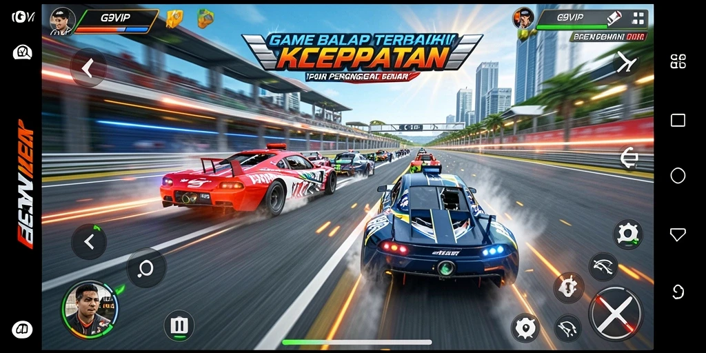 Tampilan gameplay G9VIP yang mendebarkan dengan mobil balap yang cepat.