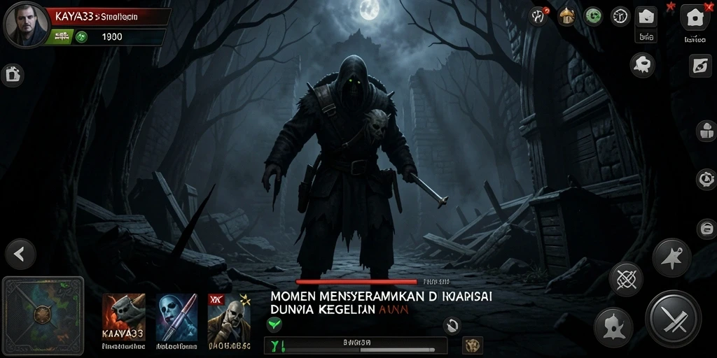 Tangkapan layar gameplay KAYA33 yang menampilkan suasana horor kegelapan.
