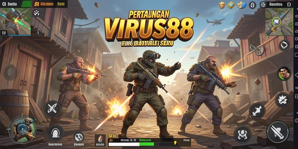 Gameplay intens pada VIRUS88 dalam mode Battle Royale.